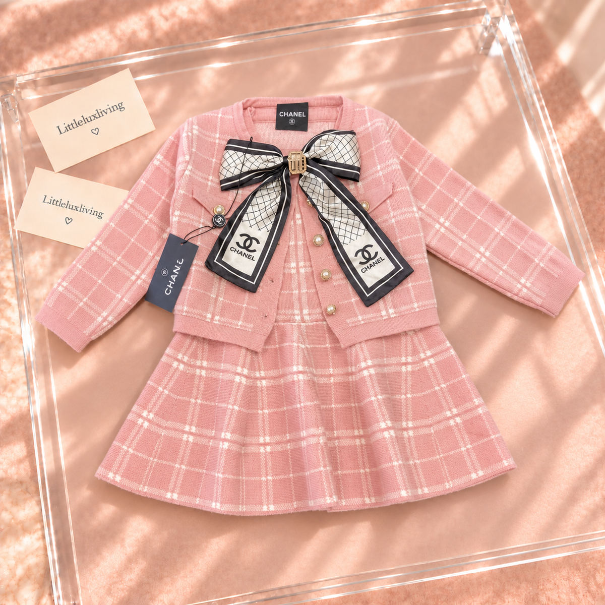Pink Check Bow Cardigan & Skirt Set
