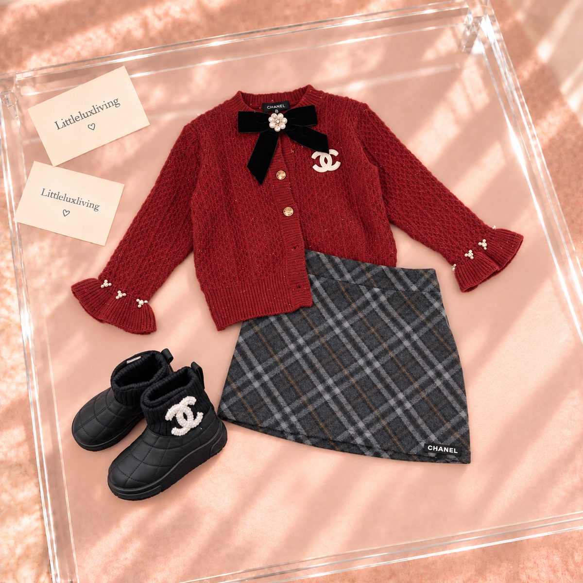 Burgundy Pearl Bow Cardigan & Grey Check Skirt Set