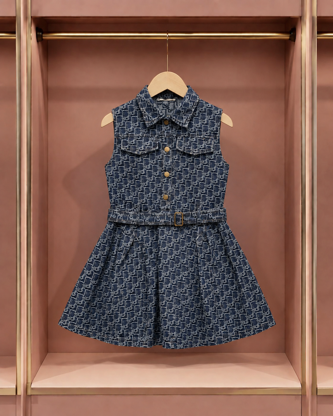 Navy Geometric Belted Sleeveless Skater Dress