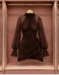 Mocha Sheer Ruffle Evening Dress
