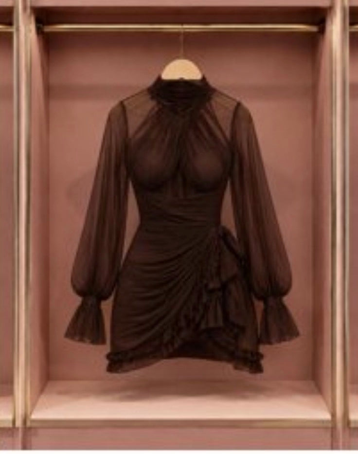Mocha Sheer Ruffle Evening Dress