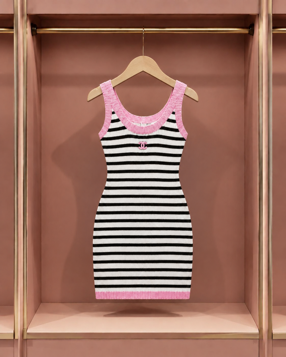Monochrome Stripe Blush-Trim Mini Dress