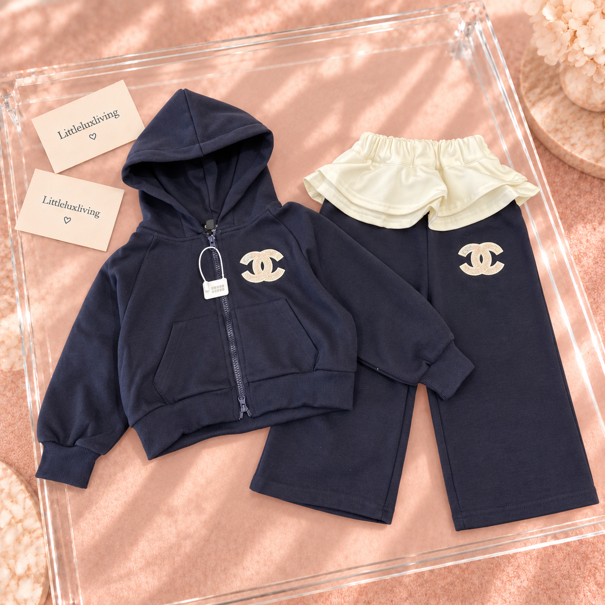 Navy Ruffle Waist Hooded Tracksuit