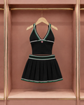 Black and Emerald Halter Pleated Skirt Set