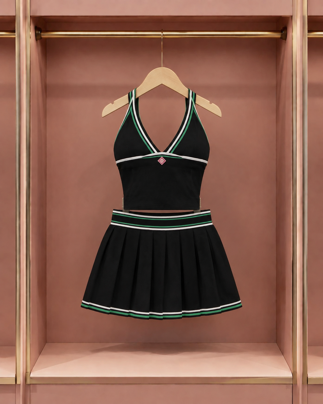Black and Emerald Halter Pleated Skirt Set