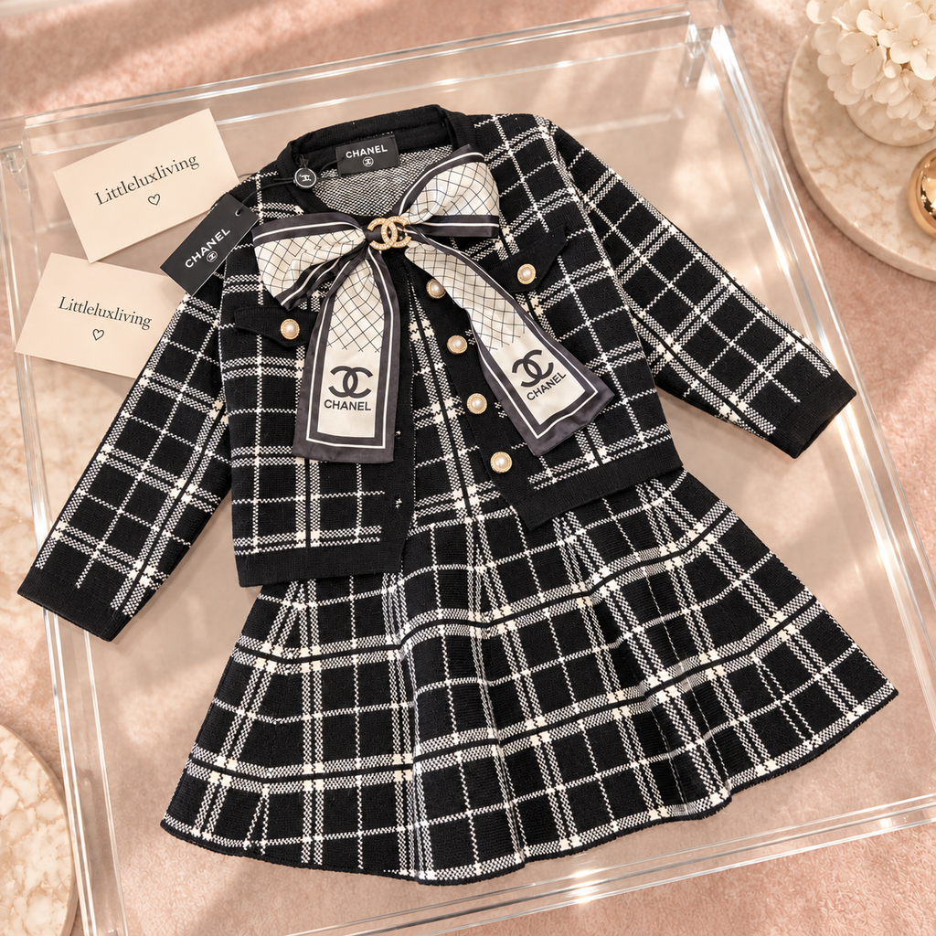Black & Cream Check Bow Jacket & Skirt Set