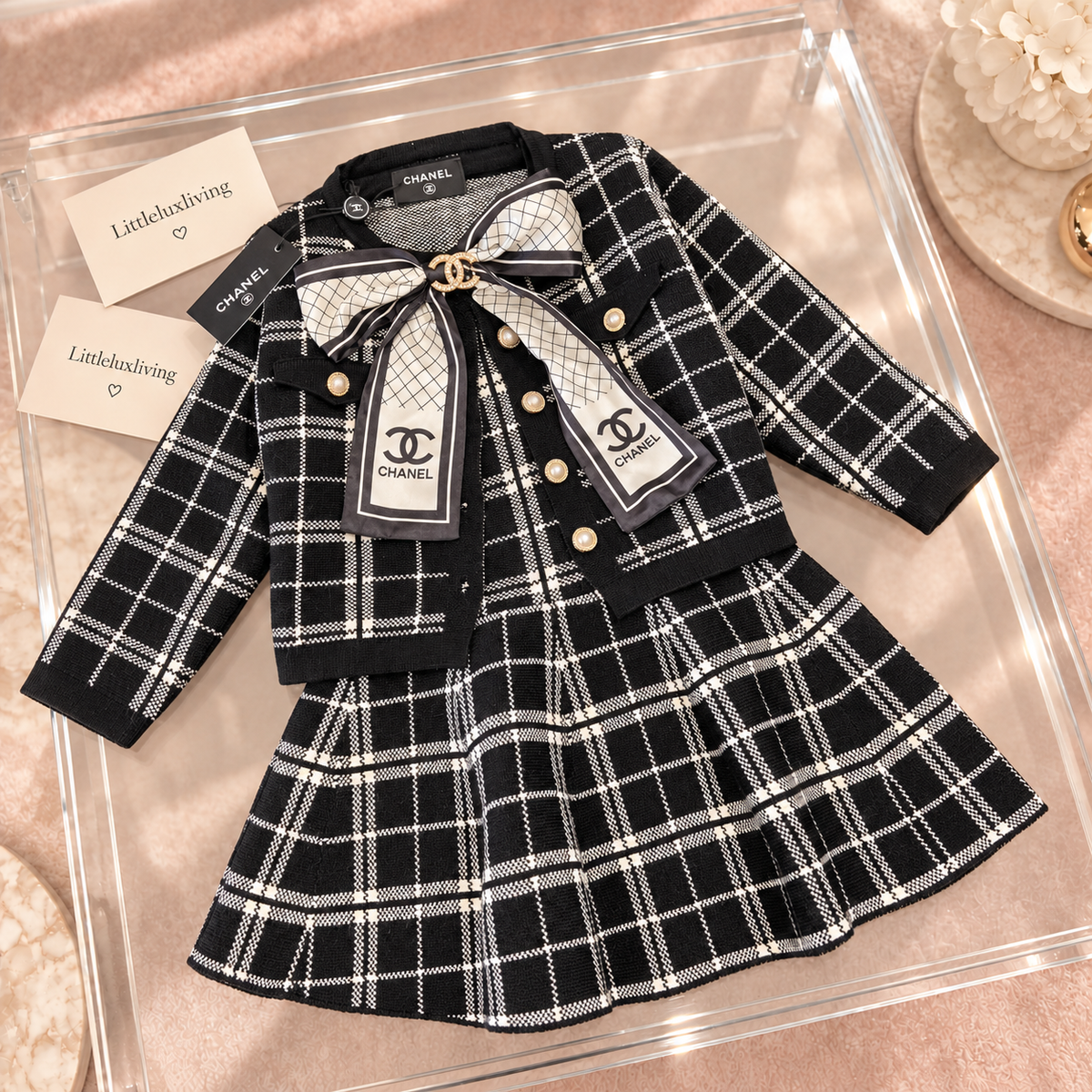 Black & Cream Check Bow Jacket & Skirt Set