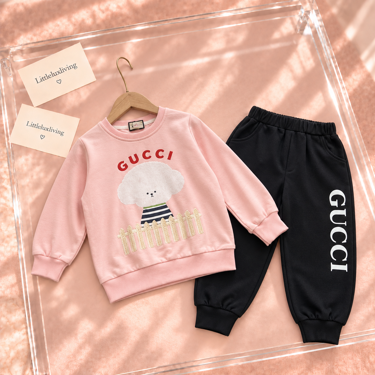 Pink Puppy Sweatshirt & Black Jogger Set