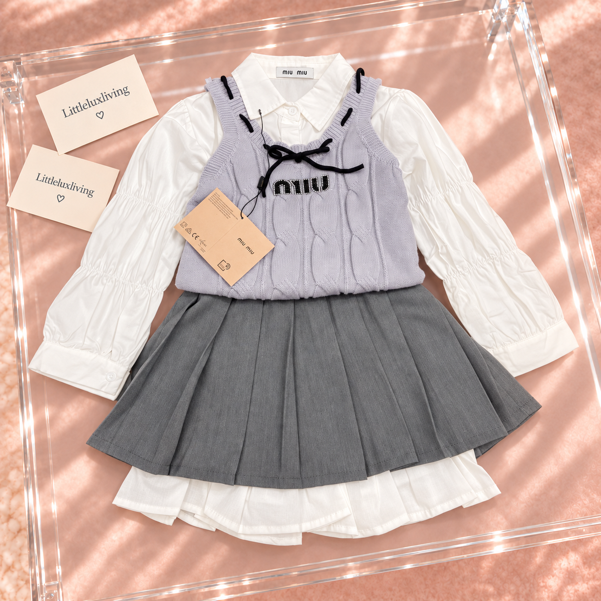 Lavender Knit Vest Blouse & Pleated Skirt Set