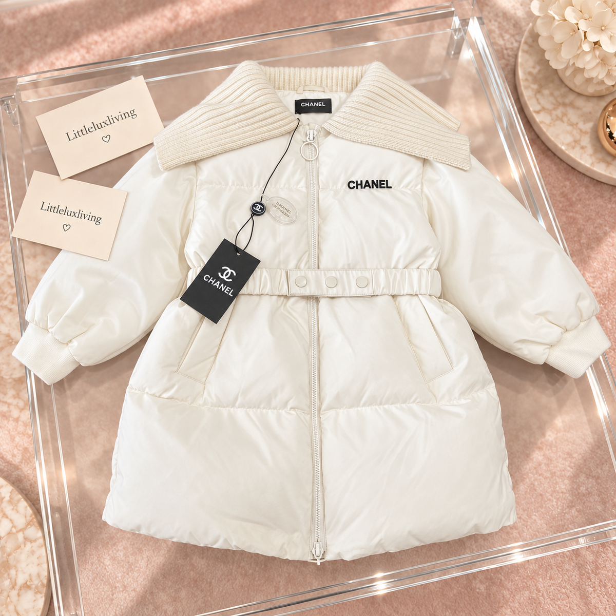 Ivory Belted Puffer Coat