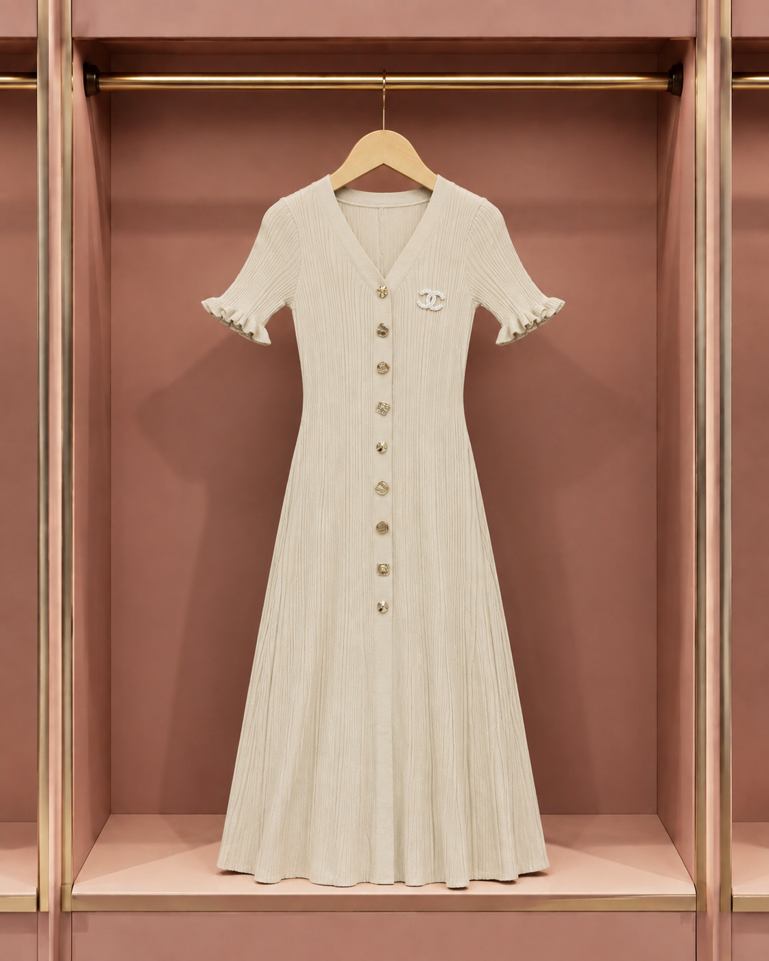 Ivory Button-Front Ribbed Maxi Dress