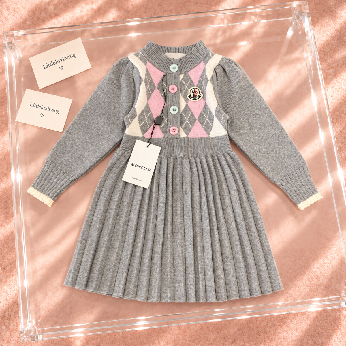 Grey & Pink Argyle Pleated Knit Dress