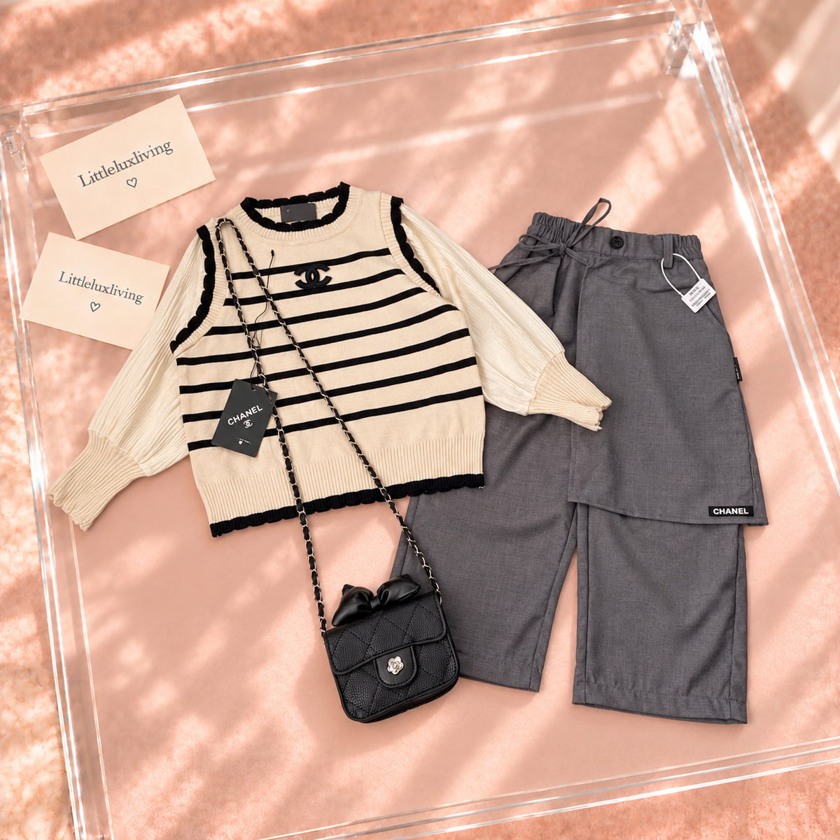 Cream Stripe Layered Top & Grey Trouser Set