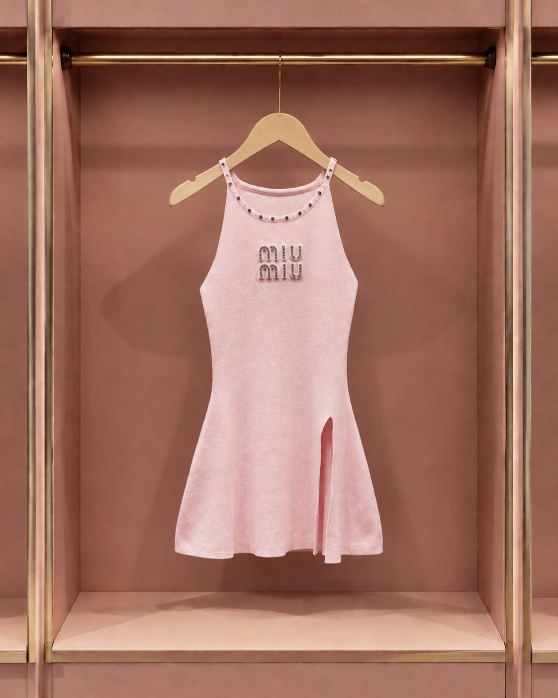 Blush Crystal-Trim Halter Mini Dress