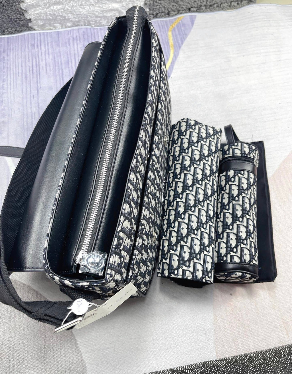 Black and patterned changing bag