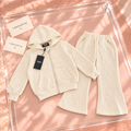 Cream Textured Hooded Jacket & Flared Trouser Set