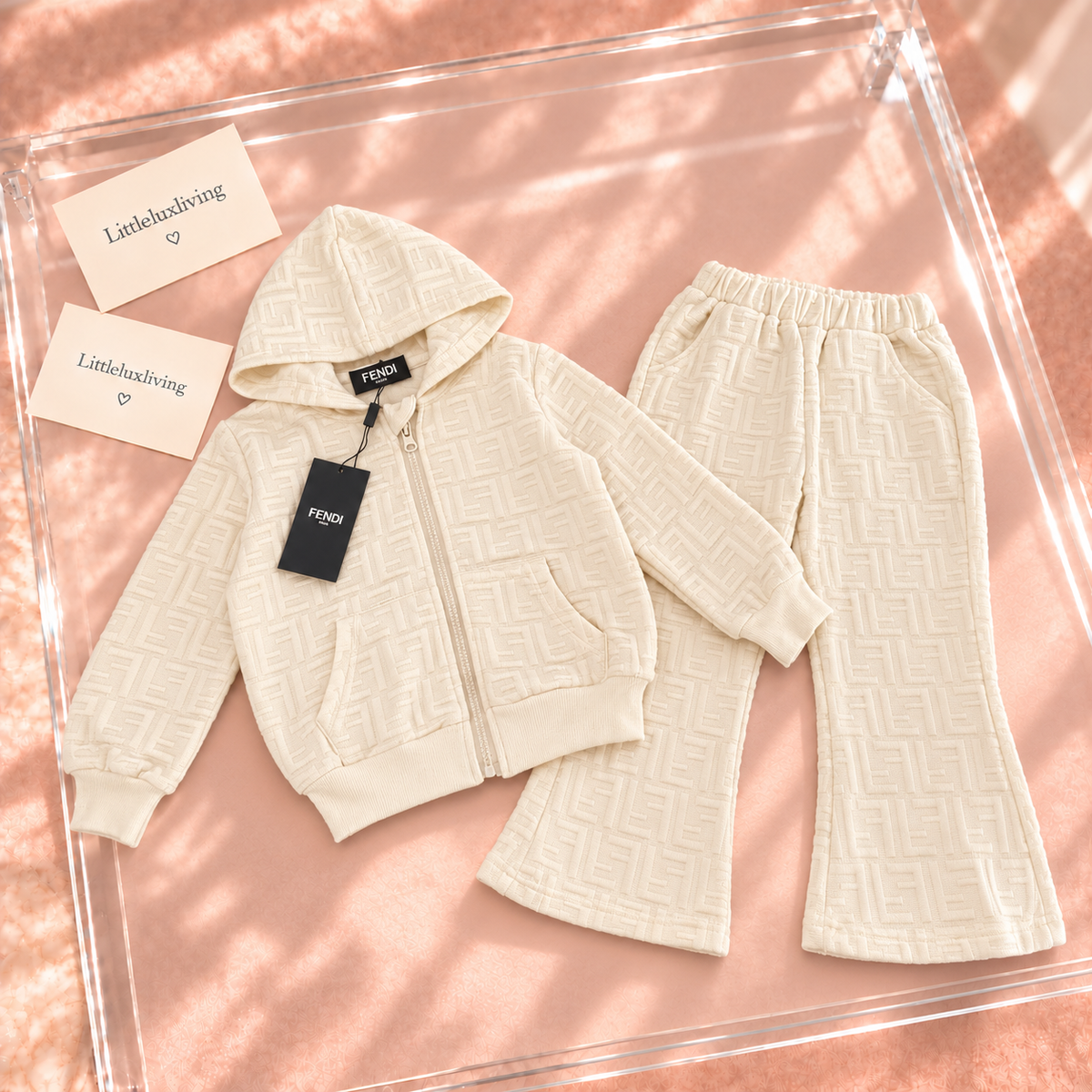 Cream Textured Hooded Jacket & Flared Trouser Set