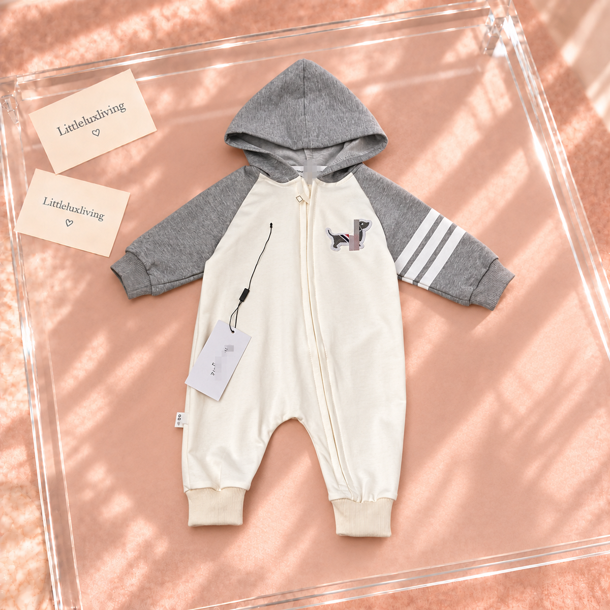 Cream & Grey Puppy Hooded Romper