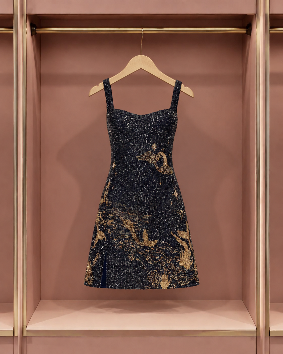 Midnight Celestial Gold-Print Mini Dress