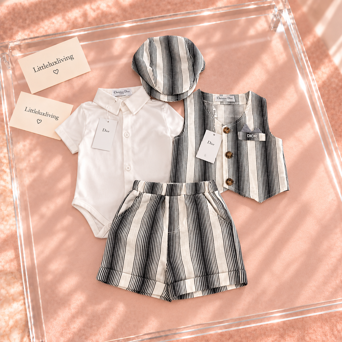 Black & White Striped Baby Shirt Waistcoat Shorts & Cap Set