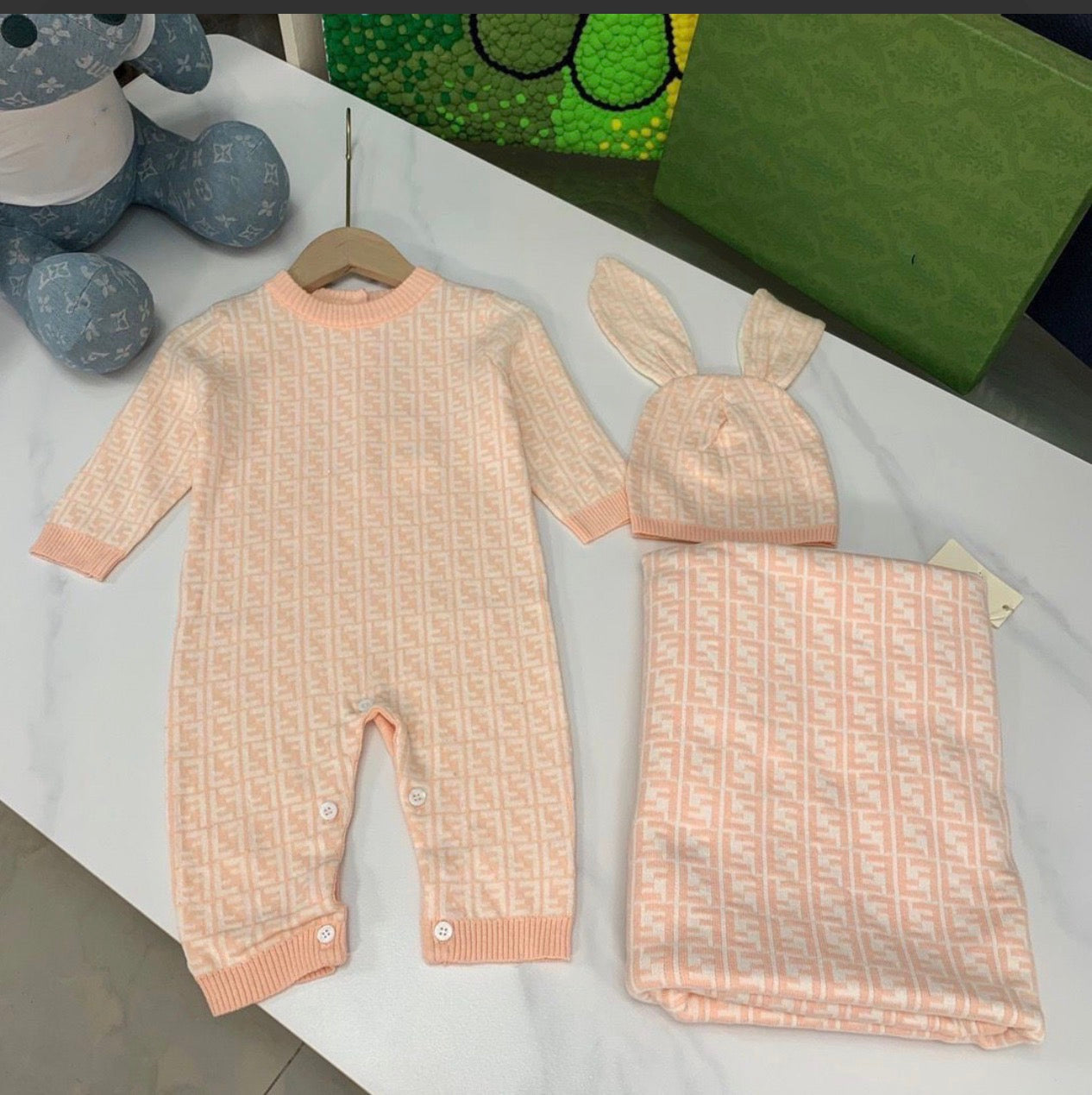 Pink Baby Patterned Grower and Blanket Set