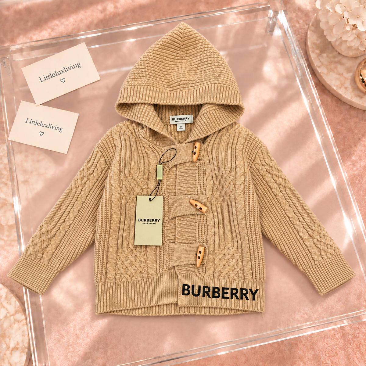 Camel Hooded Cable-Knit Cardigan