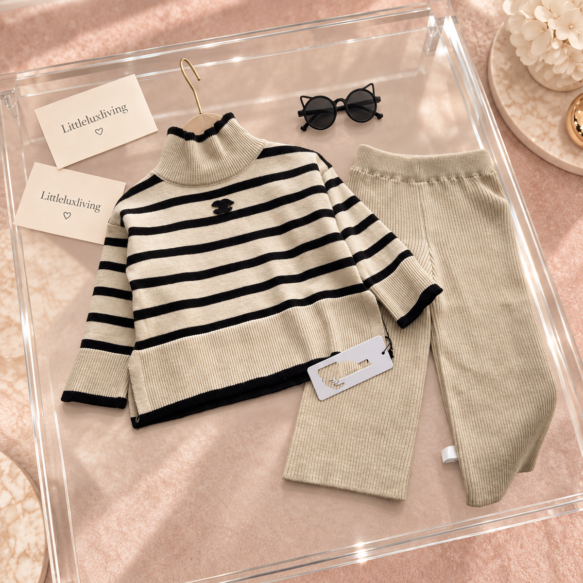 Cream & Black Stripe Knit Trouser Set